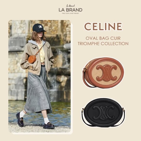Celine Crossbody Oval Purse Cuir Triomphe in Textile and Calfskin Natural / Tan - Picture 2 of 13
